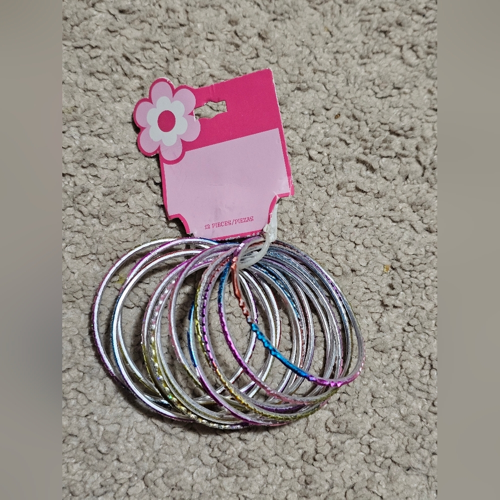 New! 12 Pack Girls Bracelet Set - Colorful Glitter Sparkle Jewelry - Dress Up